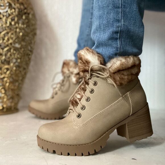 Hiking Beige Faux Suede Combat Booties - Picture 1 of 8